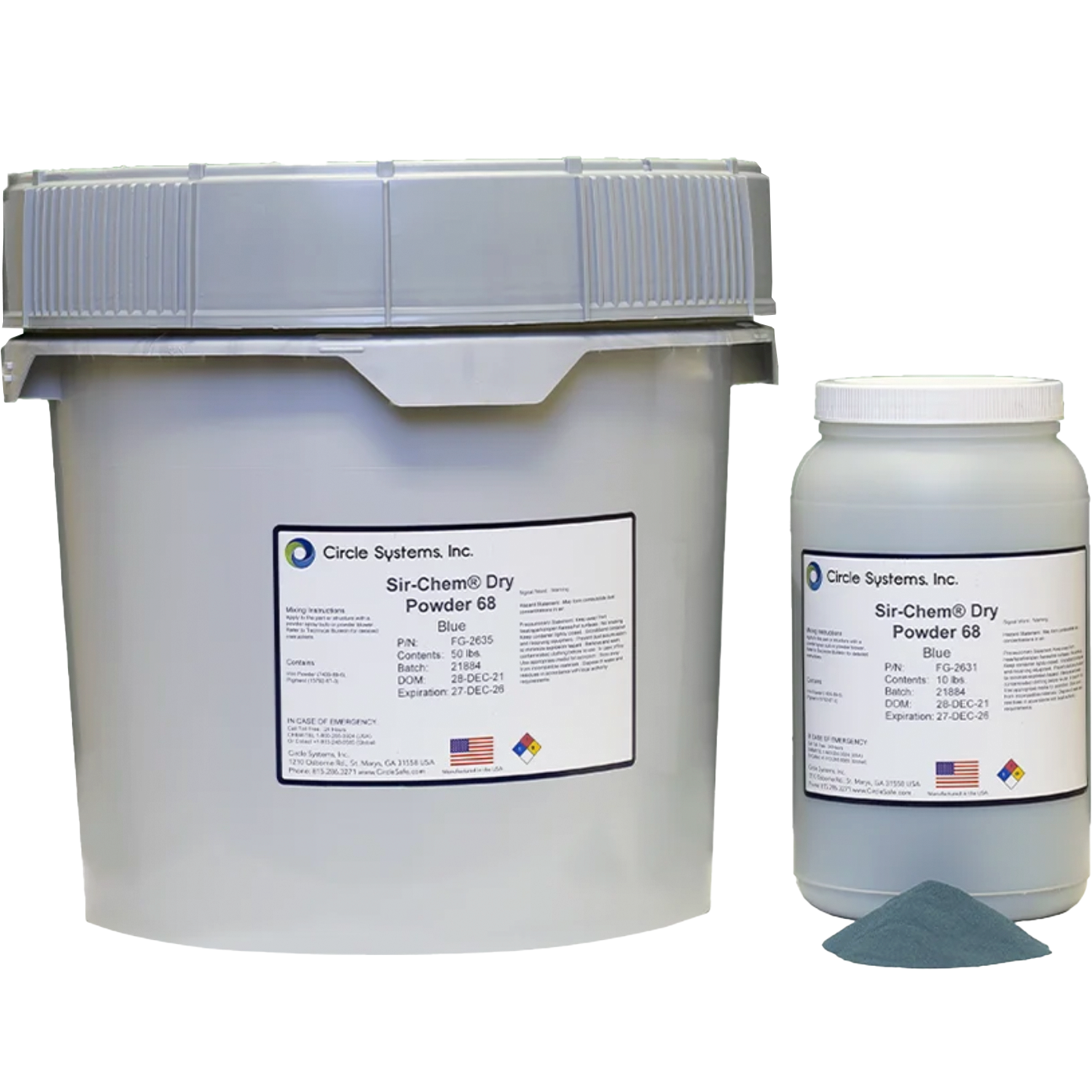 Dos frascos de polvo químico azul marca Circle Systems Inc., uno grande y uno pequeño, con etiqueta con instrucciones y datos del producto.