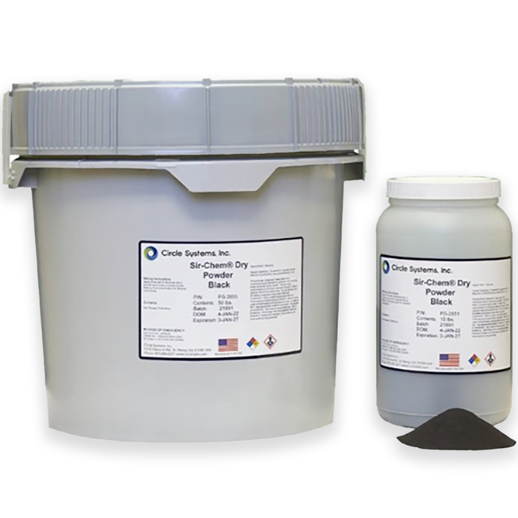Dos envases de polvo negro, uno grande y uno pequeño, con etiquetas de la marca Circle Systems Inc. Sir-Chem Dry Powder Black.