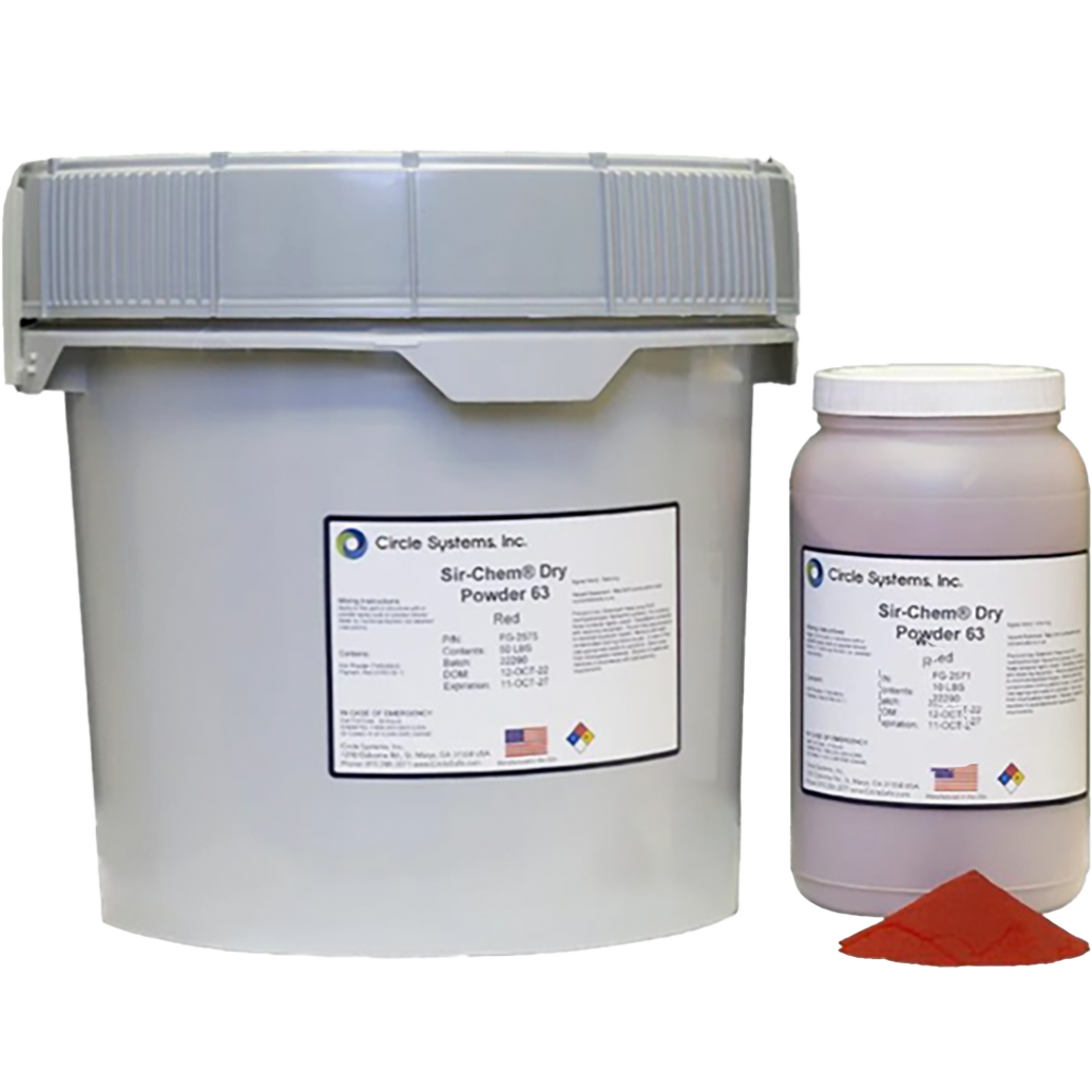 Contenedores de polvo seco Sir-Chem® en envases grandes y pequeños, con polvo rojo en la base.