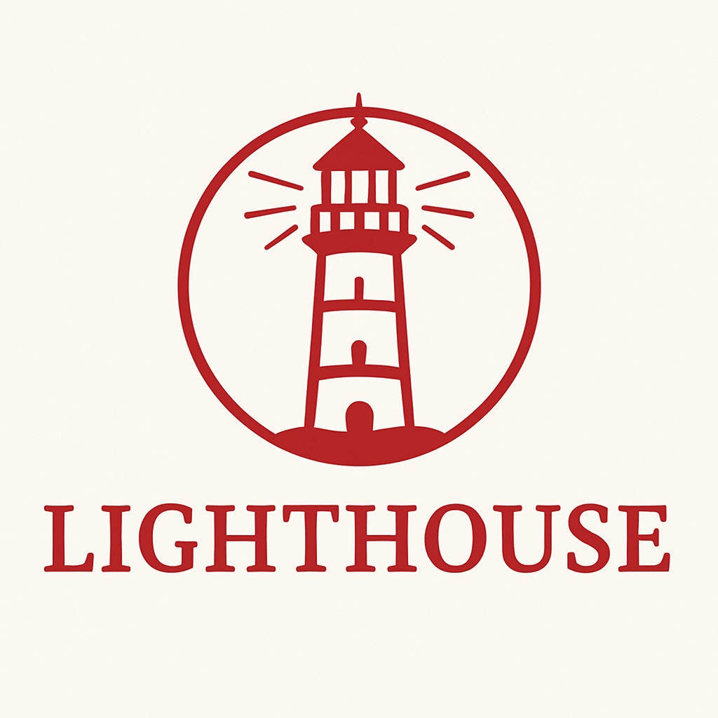 A red lighthouse illustration with the word "LIGHTHOUSE" written in red below it.