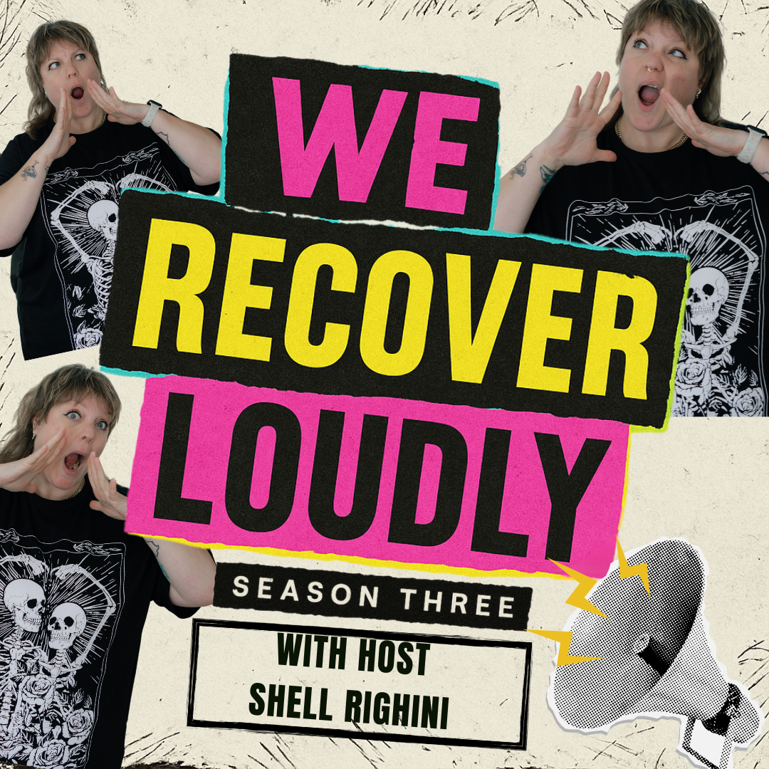 Collage promoting the third season of 'We Recover Loudly' podcast with the host Shell Righini. It features three images of Shell Righini with surprised or shouting expressions, a black-and-white graphic of a microphone, and bold text in pink, yellow, black, and white.