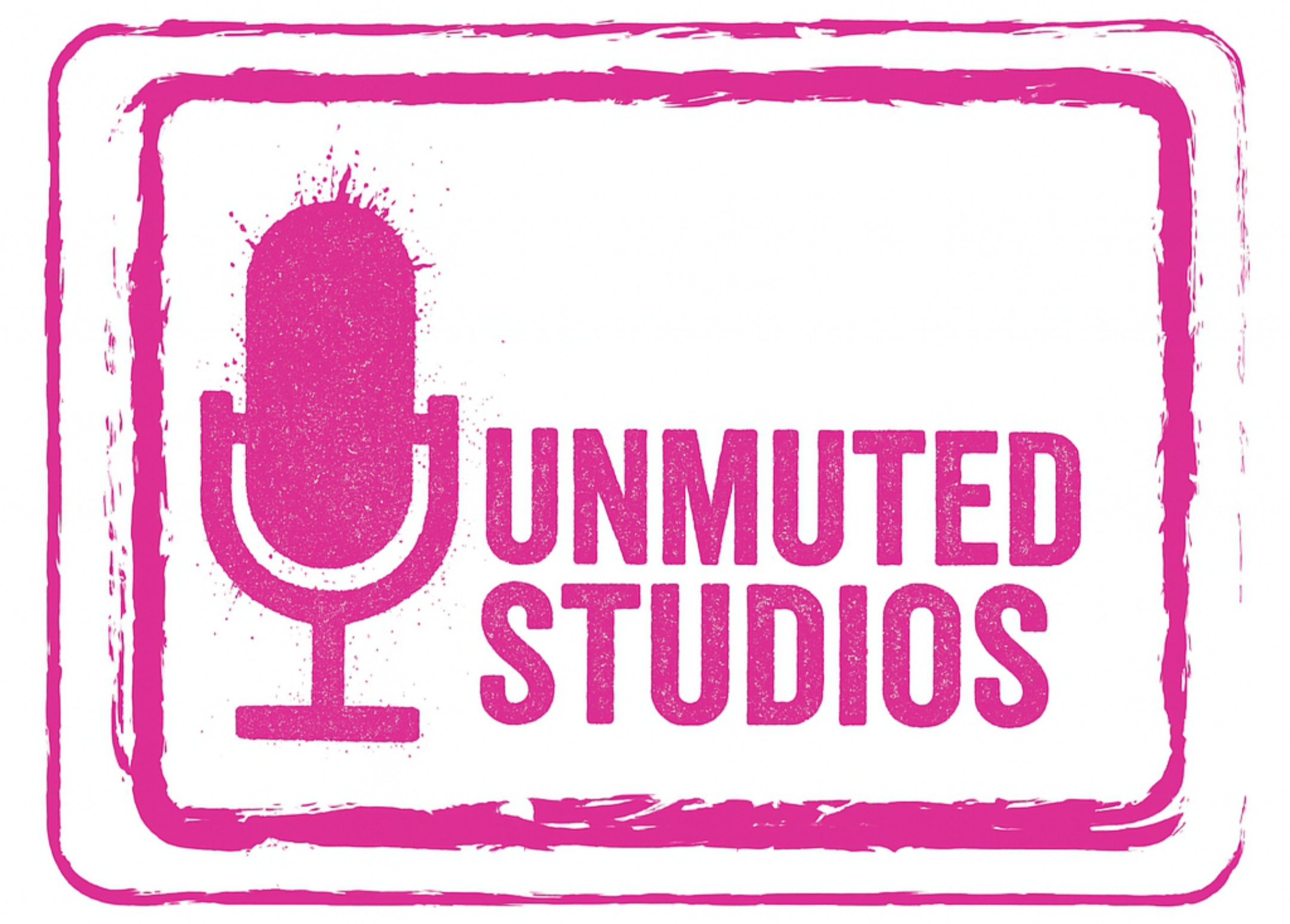 Logo for Unmuted Studios featuring a pink microphone icon and the text "Unmuted Studios" in pink, surrounded by a pink border.