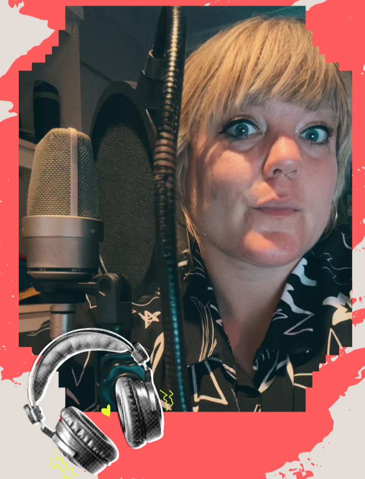 A woman with blonde hair in a recording studio, positioned near a microphone, wearing a patterned shirt, with headphones graphic overlayed.
