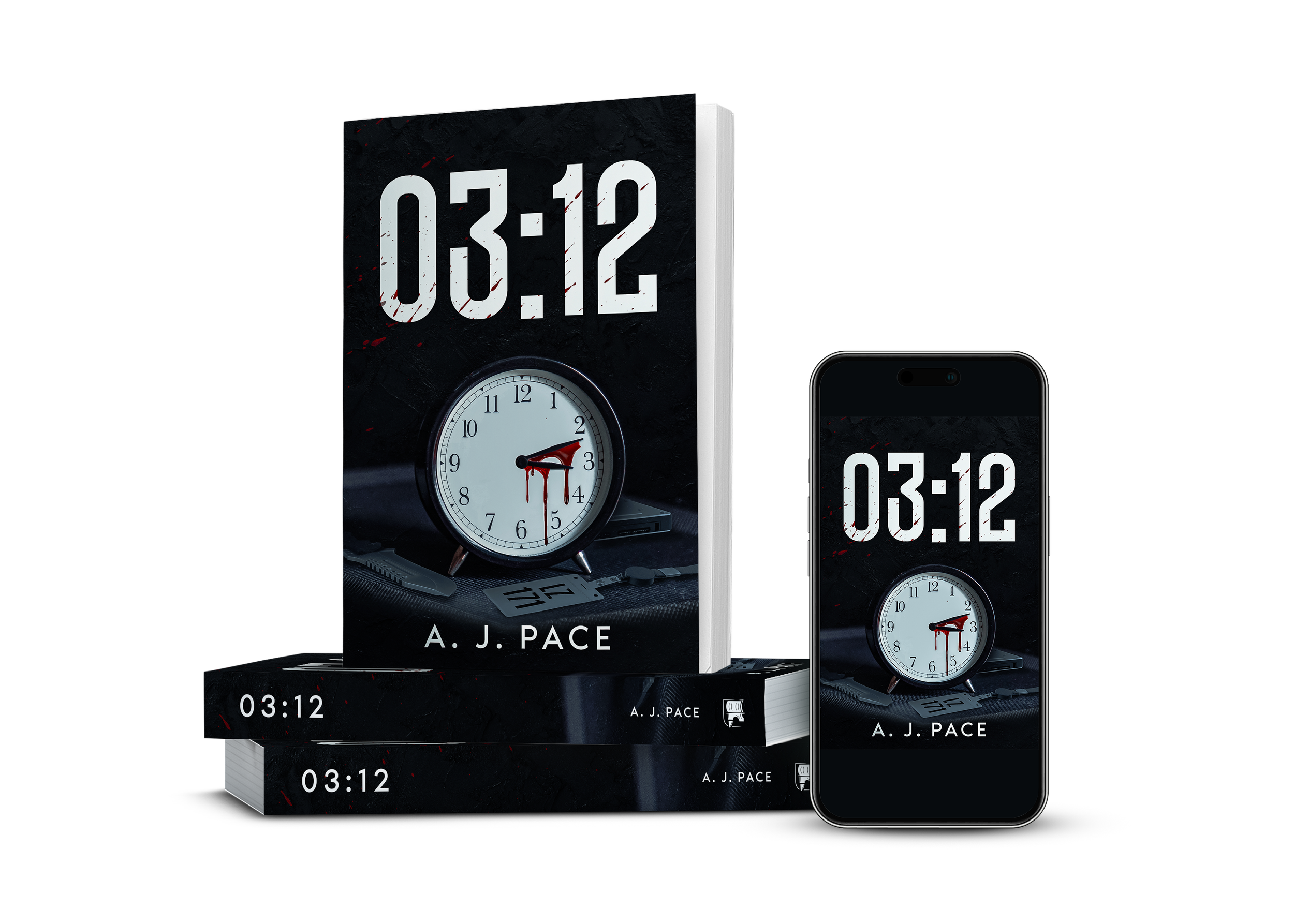 Image of a book titled '03:12' by A. J. Pace, showing a clock with blood-like paint on its hands on the cover, displayed next to a smartphone also showing the time, against a black background.