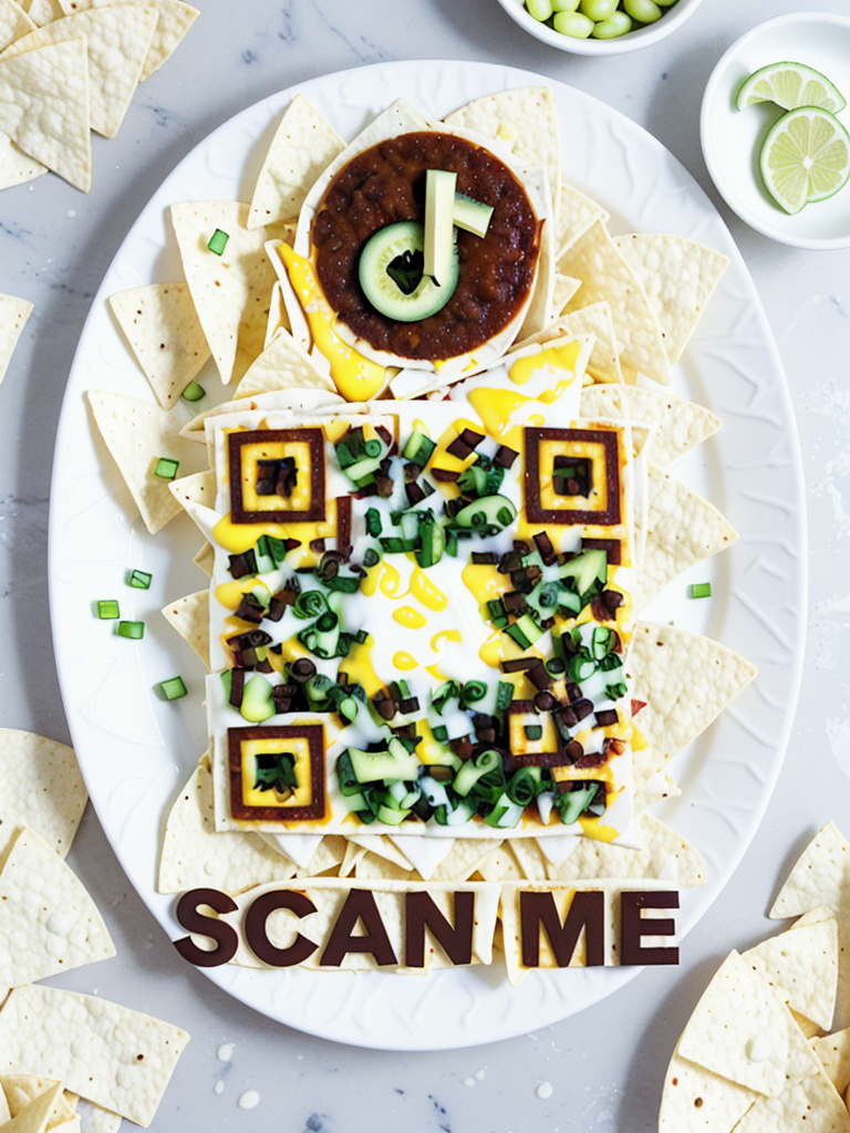 A platter of nachos with cheese, diced green onions, and a bowl of chili or salsa on top, surrounded by more tortilla chips, with limes and green grapes in small bowls nearby.