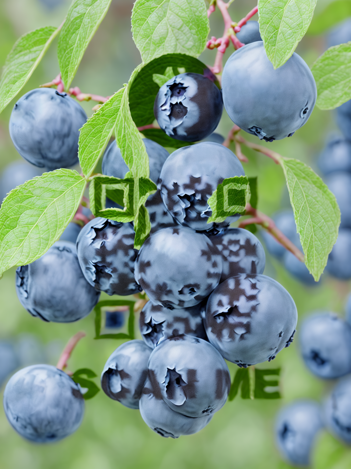 Close-up of a bunch of ripe blueberries hanging from a bush with green leaves.