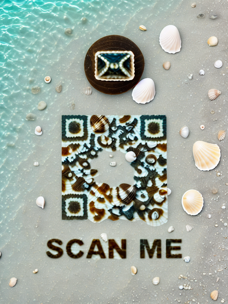 A close-up of seashells and a coffee cup on a sandy surface with a QR code made of seashells and the words 'SCAN ME' written below.