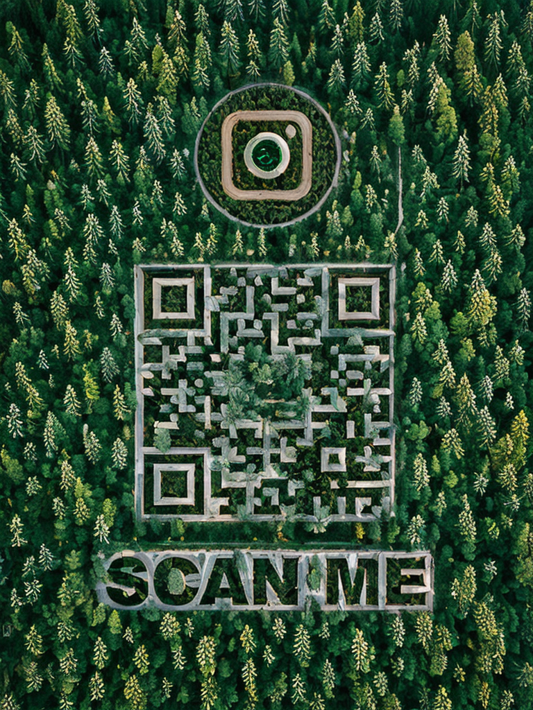Aerial view of a forest with a large clearing featuring the words 'SOA NO ME' and a QR code in the center of the clearing, surrounded by dense trees.