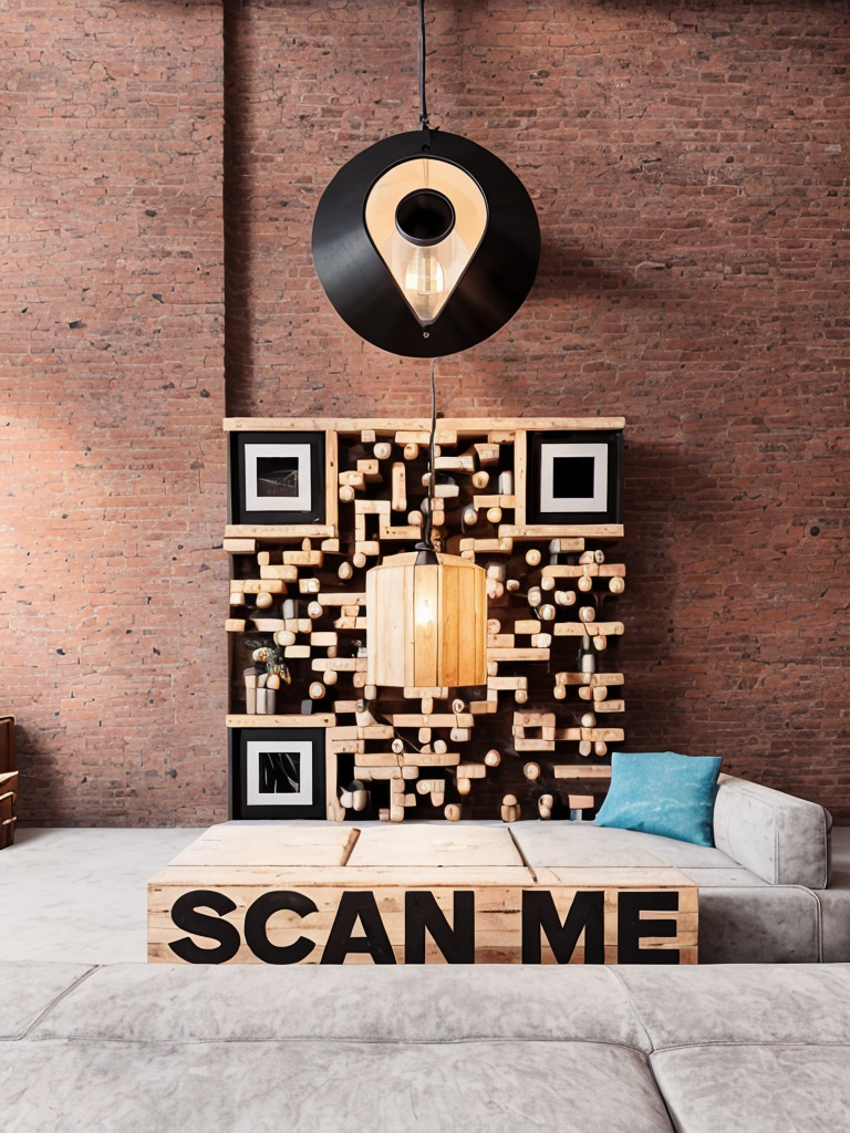 Interior of a modern room with a brick wall, a quirky black hanging lamp, a wooden shelving unit filled with small wooden logs and black square frames, a beige sofa with a blue pillow, and a wooden table with large black letters spelling 'SCAN ME'.