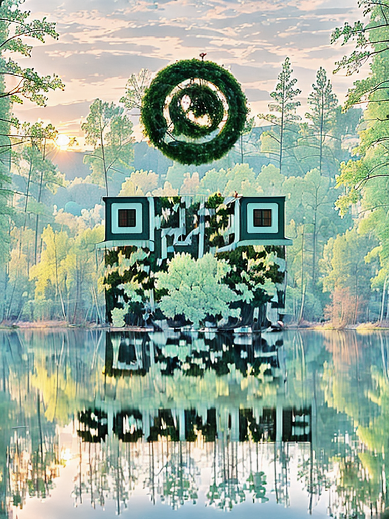 A digital art image depicts a surreal landscape with a large cube-shaped house covered in green foliage, reflected in a calm body of water. In the background, tall trees and a cloudy sky are visible, with a setting or rising sun near the horizon. Abo