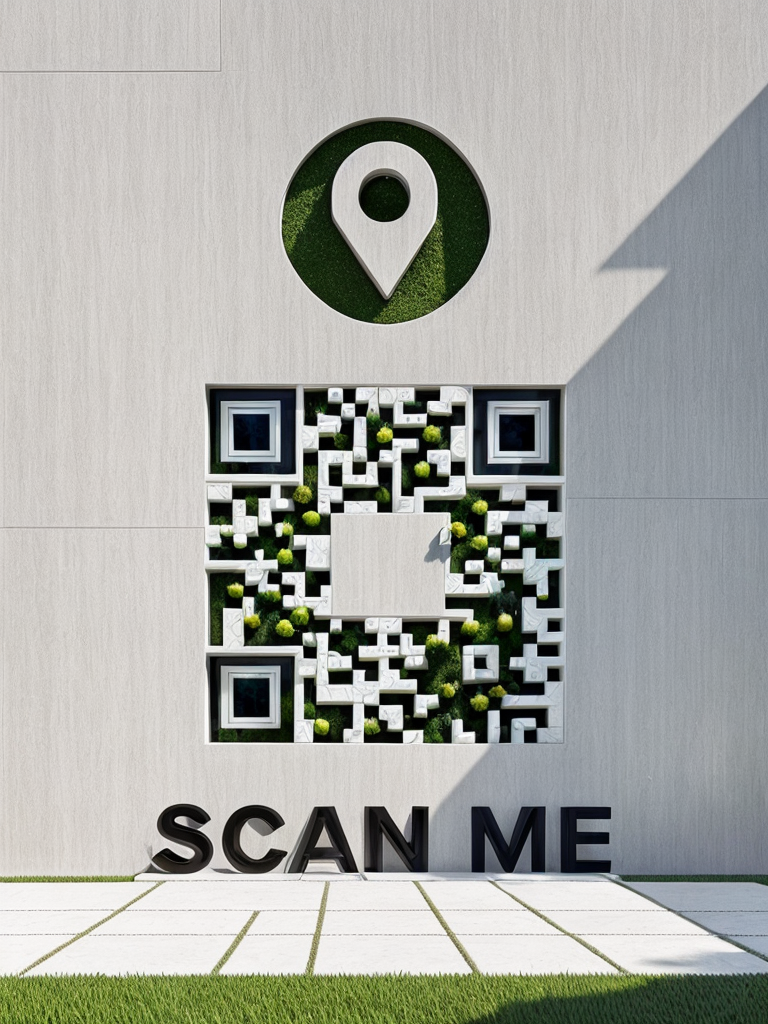 A building wall features a large QR code surrounded by greenery and a sign that says "SCAN ME" at the bottom.