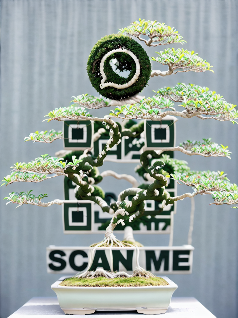 Bonsai tree with a QR code in the background and a sign that says 'SCAN ME' in front.