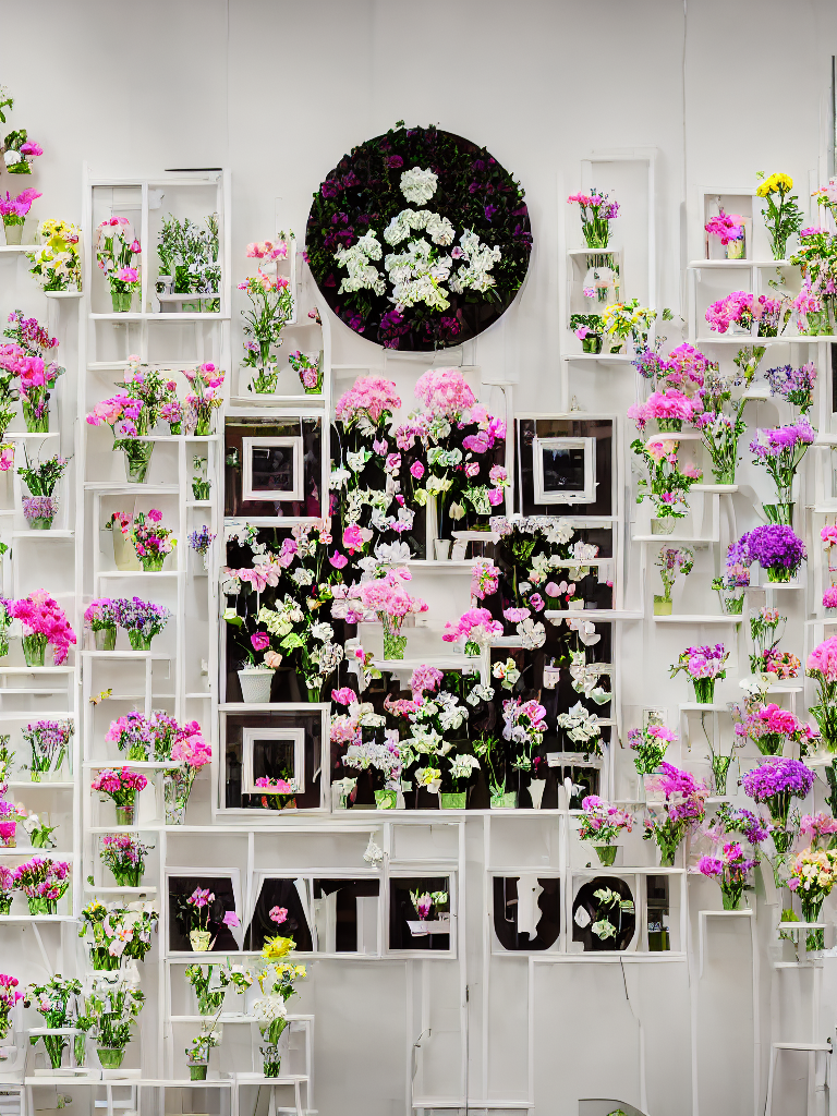 A wall decorated with numerous flower arrangements and vases, forming the word 'LOVE' at the bottom, with a large circular floral display at the top.