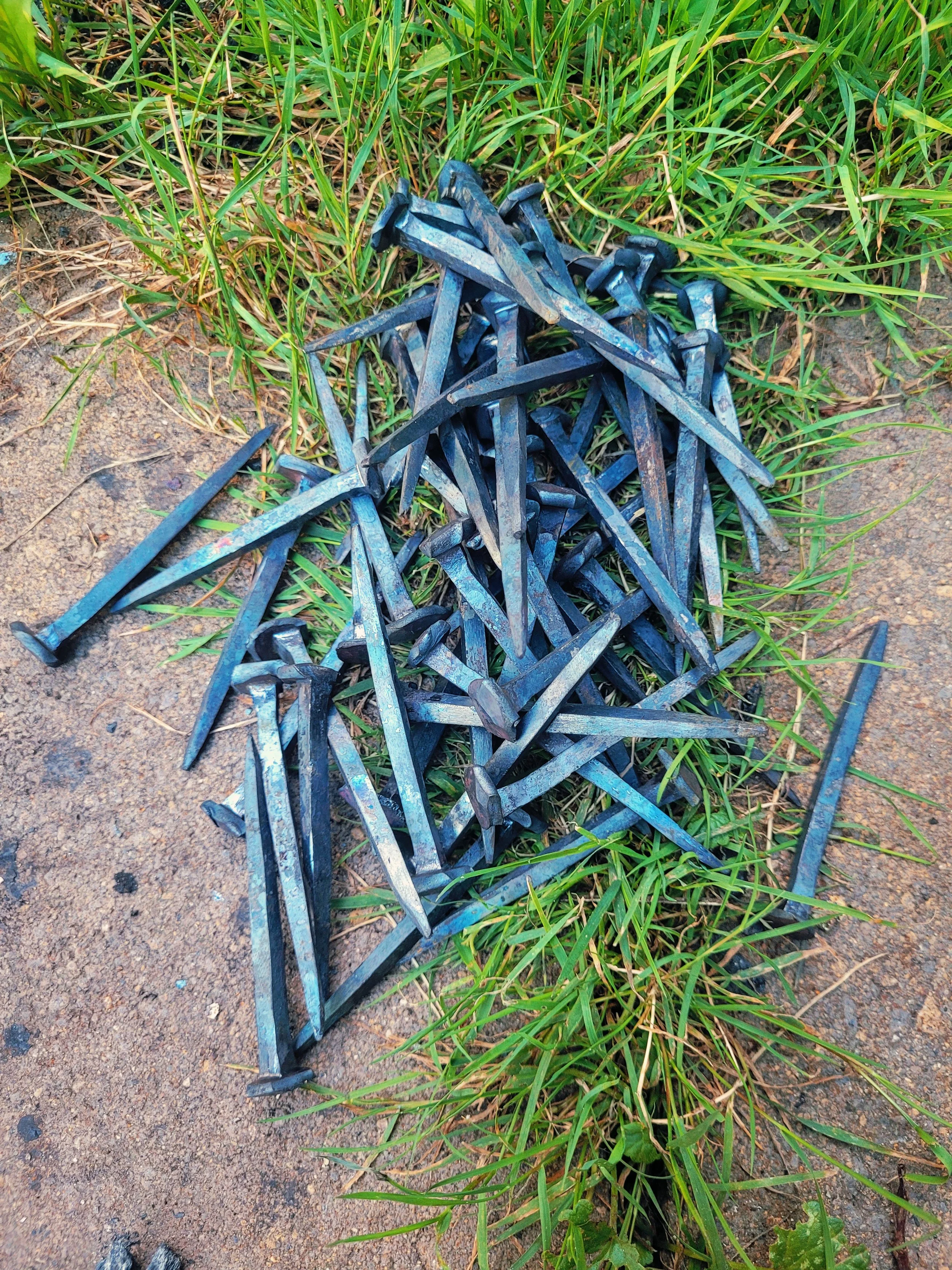 A pile of metal nails scattered on dirt and grass.