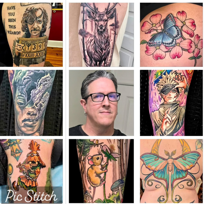 A collage of nine images: top row shows a tattoo of a woman with the phrase 'Have You Seen This Wizard?', a tattoo of a deer, and a tattoo of a blue butterfly on pink flowers; middle row features a tattoo of a face with clouds, a man with glasses, an