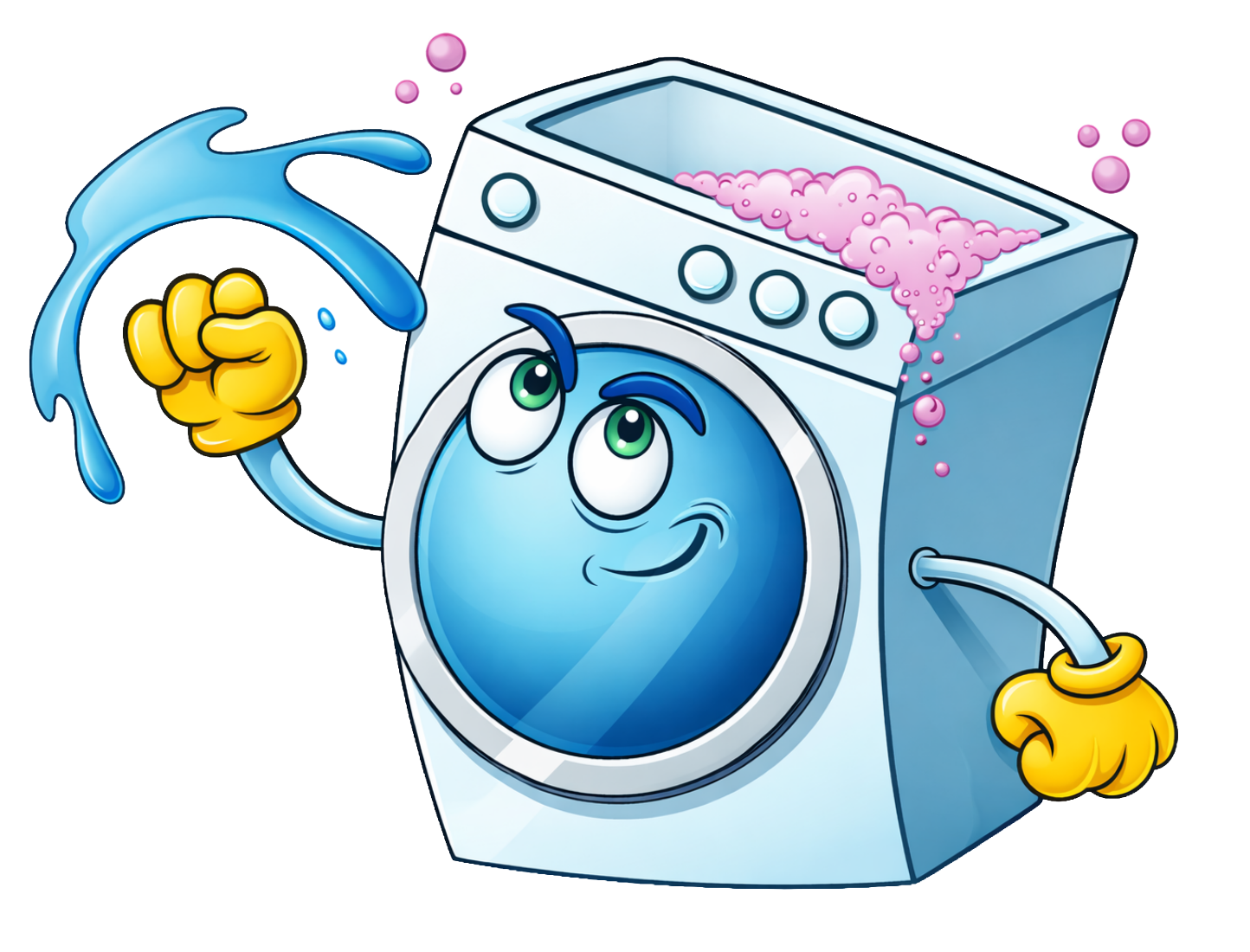 A cartoon washing machine with a friendly face, green eyes, yellow gloves, and blue arms, appears to be cleaning itself with bubbles in Davis California, at Davis Laundry clean laundromat