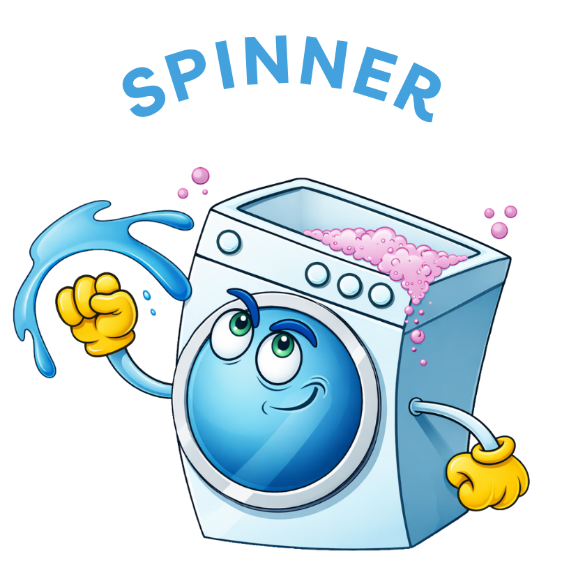 A cartoon washing machine character in Davis California, at Davis Laundry clean laundromat