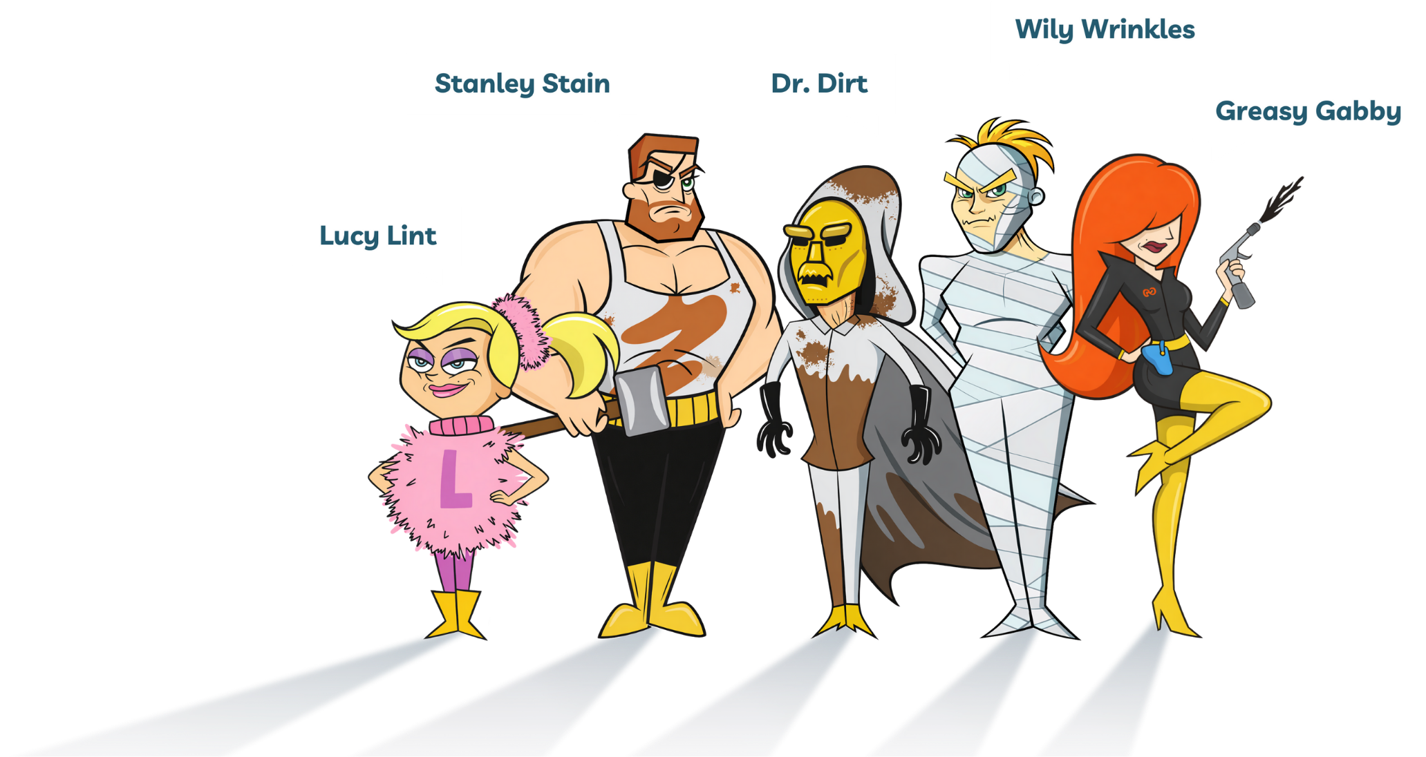 Cartoon characters Lucy Lint, Stanley Stain, Dr. Dirt, Wily Wrinkles, and Greasy Gabby for Davis Laundry clean laundromat near me