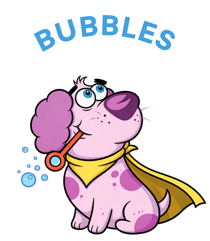 A cartoon purple dog with blue eyes, with the words 'bubbles' in Davis California, at Davis Laundry clean laundromat