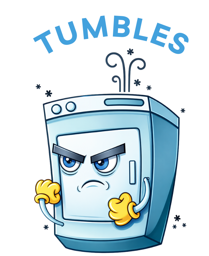 Cartoon washing machine with an angry expression, crossed arms, and the word "TUMBLE" above it in Davis California, at Davis Laundry clean laundromat