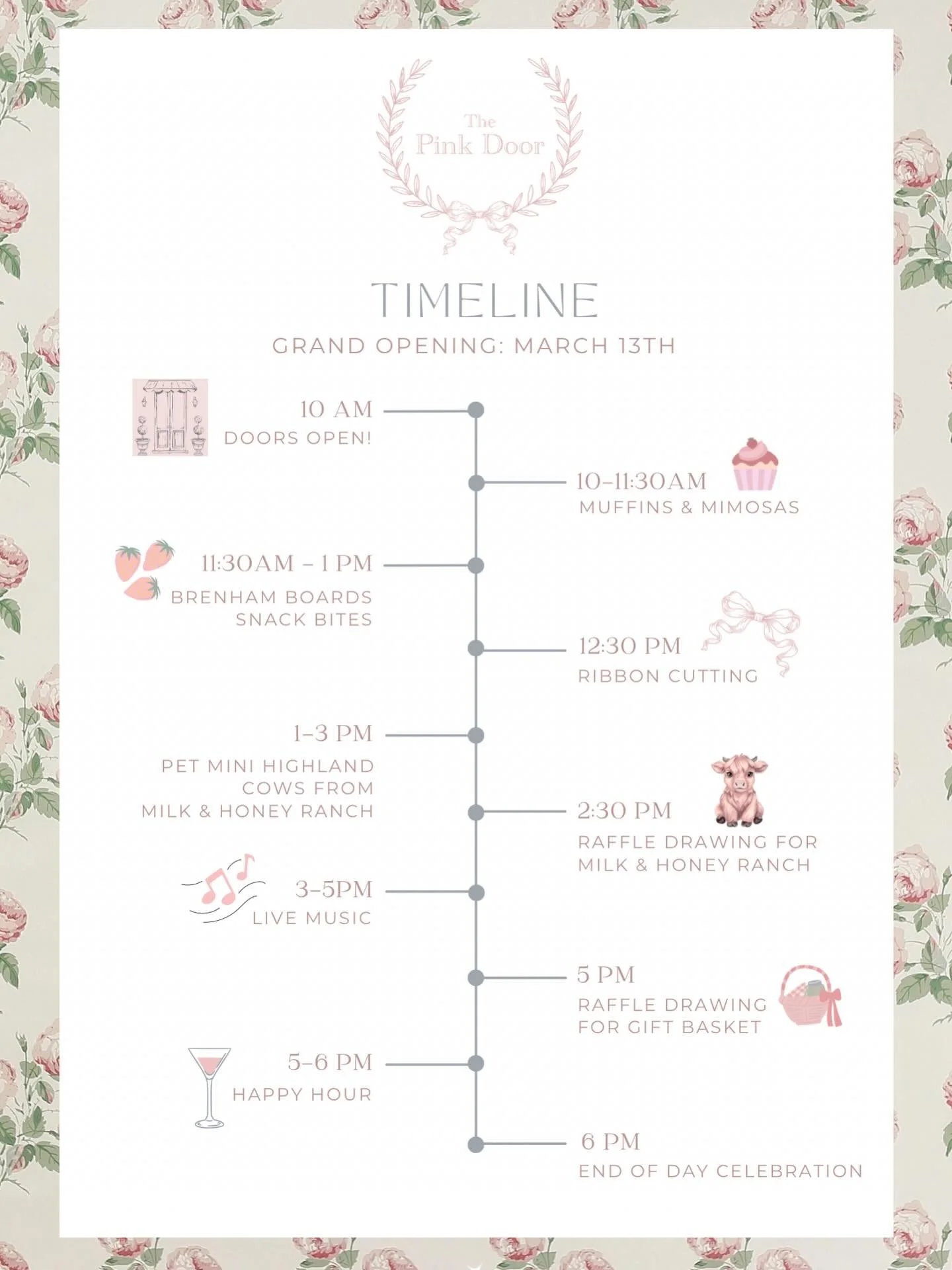 Exactly one month away until The Pink Doors open!!💖 This is our schedule on Grand Opening Day✨ Comment below which activity is your favorite! We can&rsquo;t wait to see y&rsquo;all🥂
