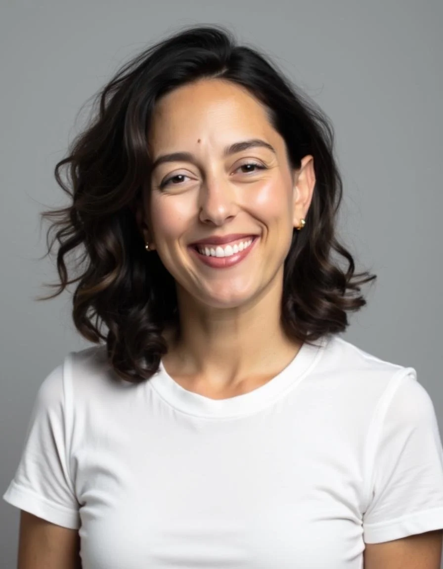 A smiling woman with shoulder-length dark curly hair wearing a white t-shirt and small earrings, posing against a plain gray background.