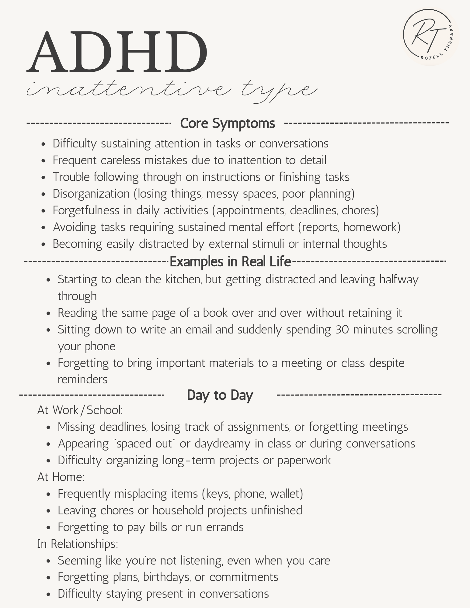 An informational graphic about ADHD inattentive type, listing core symptoms, real-life examples, and day-to-day struggles in work, home, and relationships.