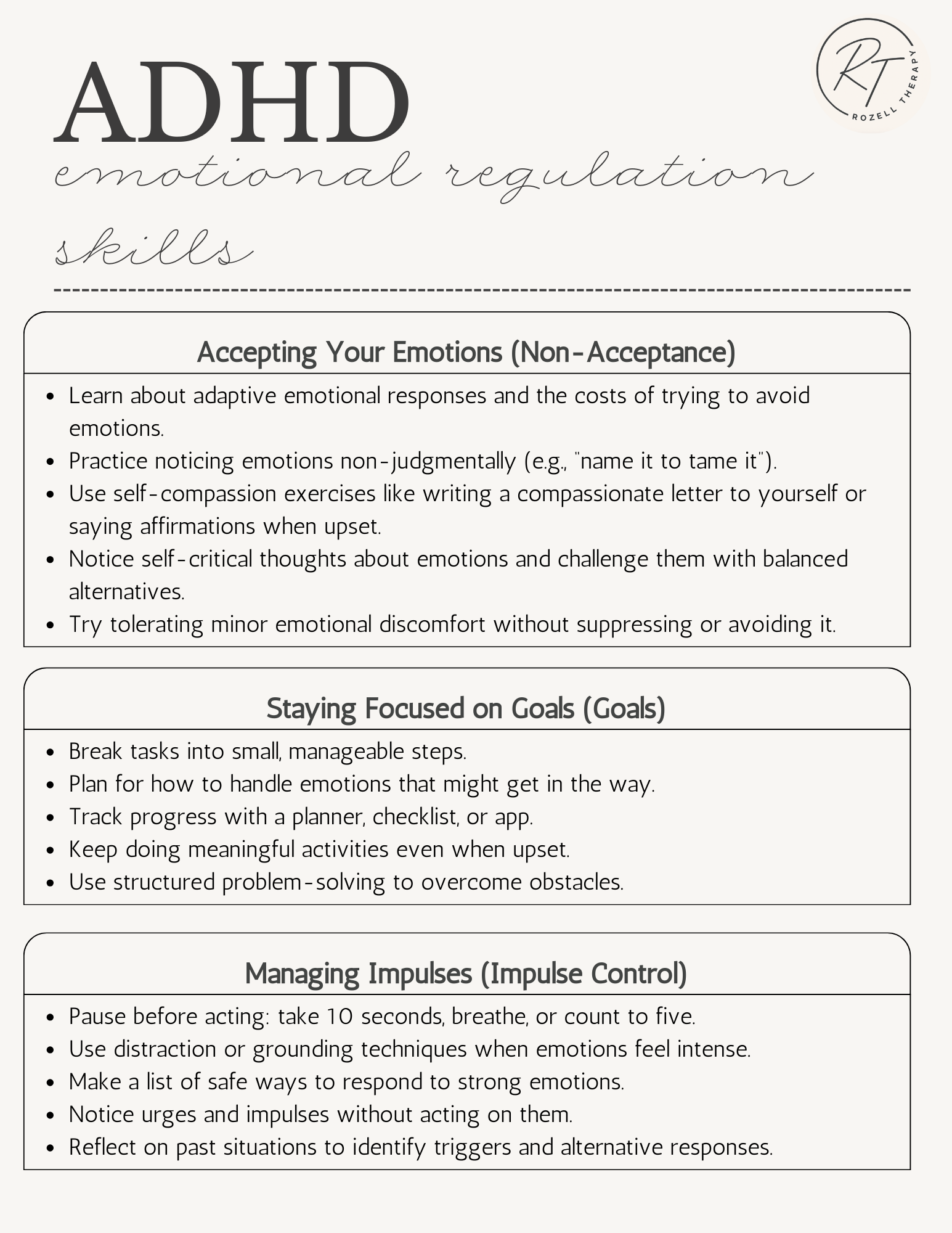 A printable infographic providing tips for managing ADHD emotions and improving emotional regulation, focus, and impulse control.