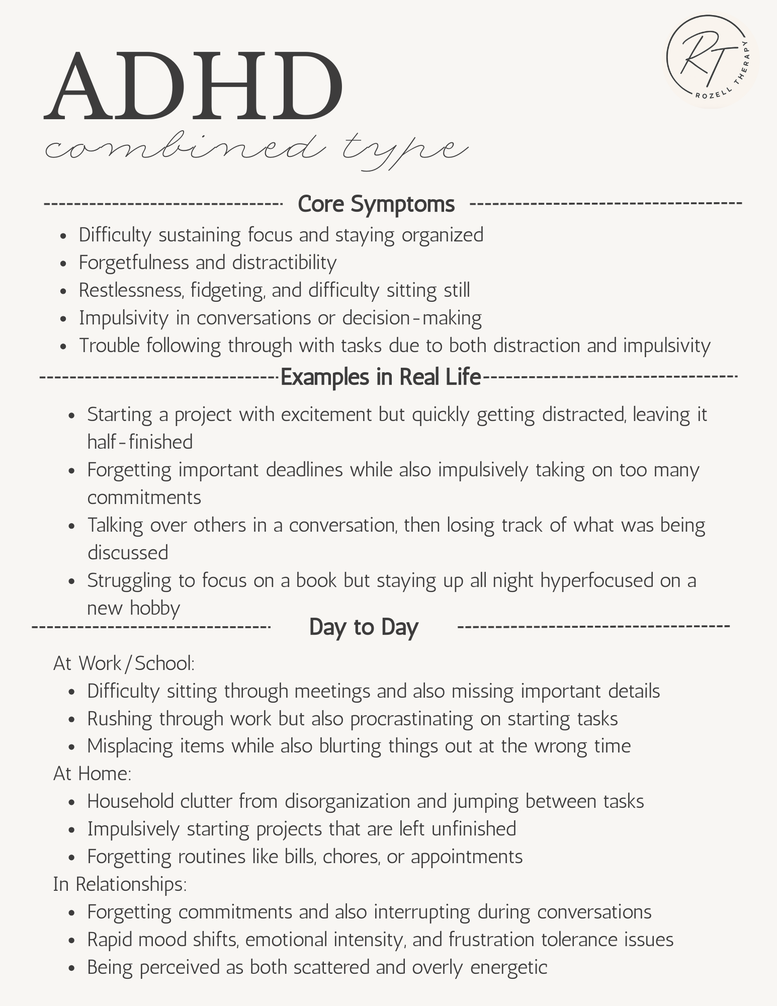 Infographic about ADHD combined type symptoms and real-life examples, including challenges at work, school, home, and in relationships.