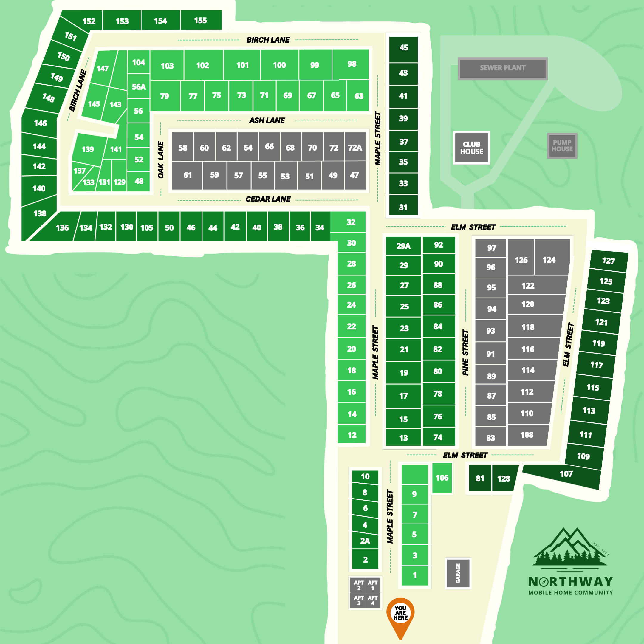 Site map of Northway Mobile Home Community showing streets, lot numbers, amenities, and park features.