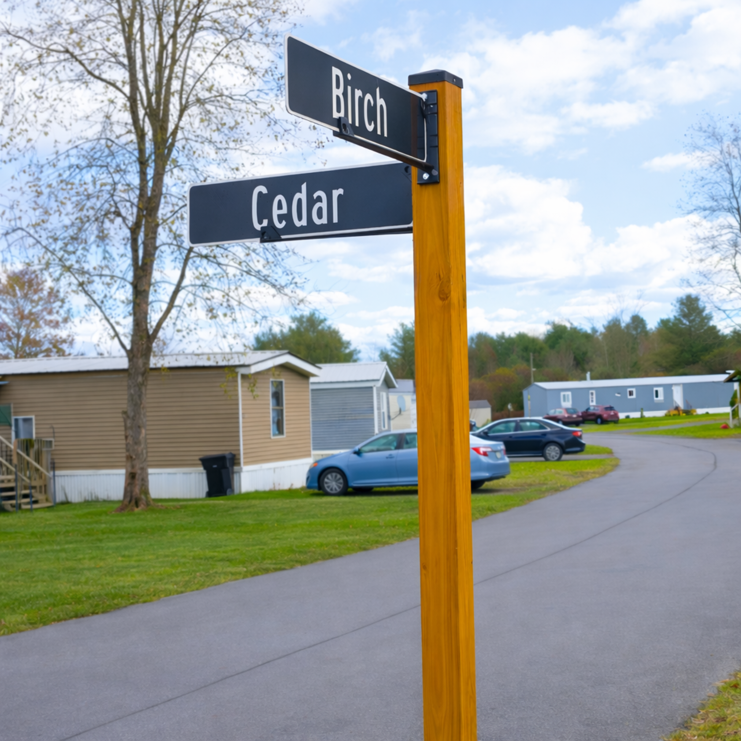 Street signs at the intersection of Birch and Cedar streets in a mobile home park with parked cars and trees in the background.