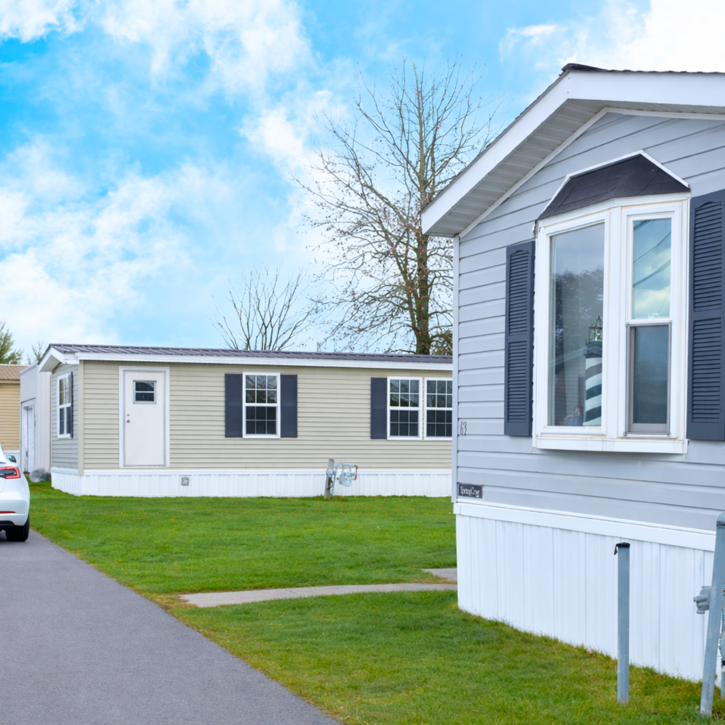 Exterior view of a light blue mobile home with a window and dark blue shutters, with another beige mobile home in the background and a green lawn and sidewalk in front.