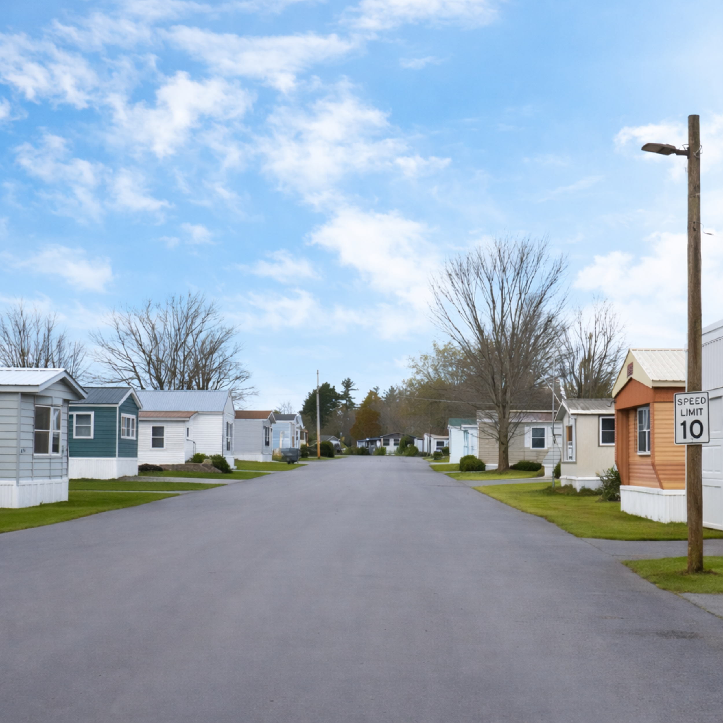 View of a suburban street with small houses, some with colorful exteriors, a speed limit sign showing 10 mph, a wooden streetlight, and leafless trees under a partly cloudy sky.