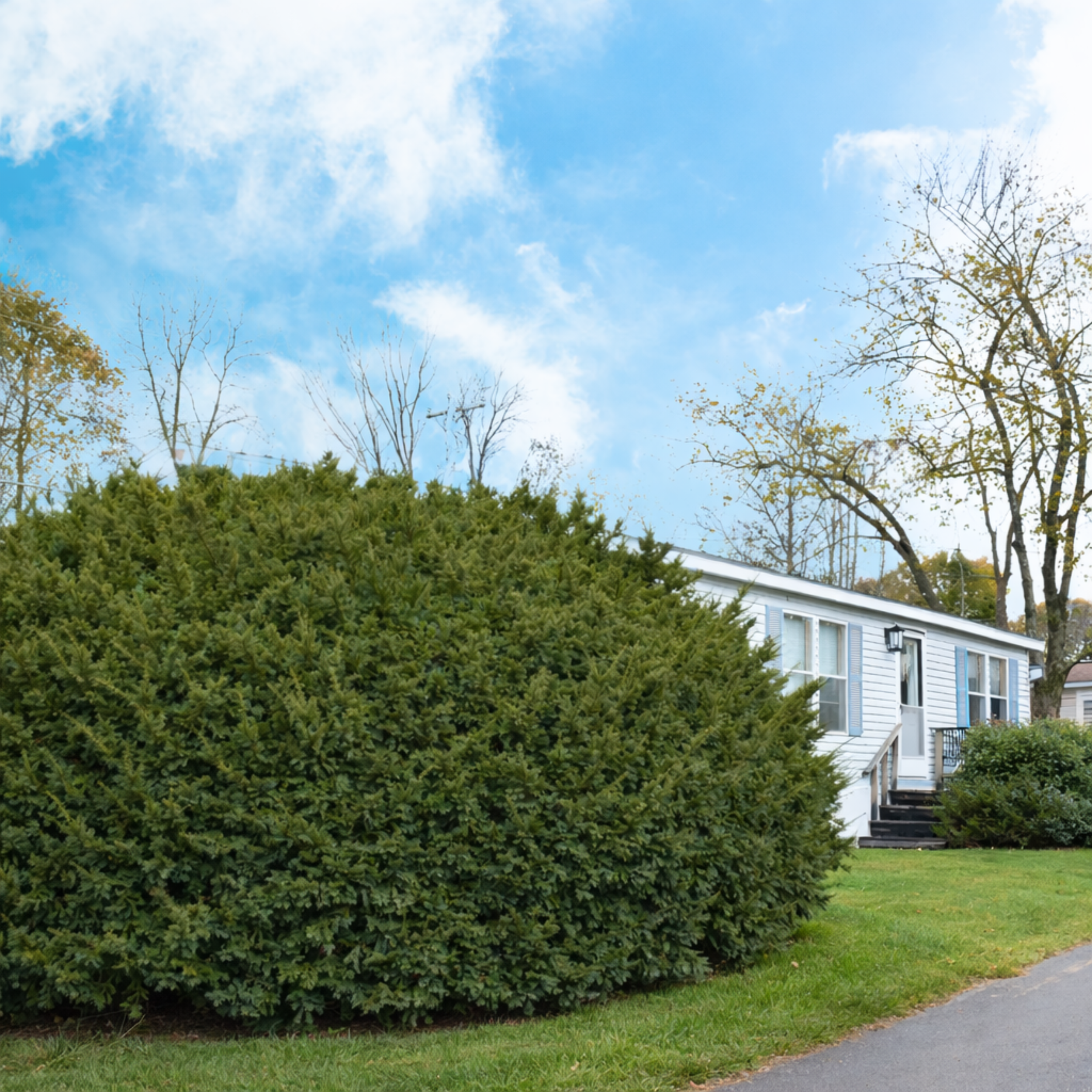 Front yard of a house with a large green bush, white house with blue shutters, stairs leading to the door, and trees with autumn leaves in the background under a partly cloudy sky.
