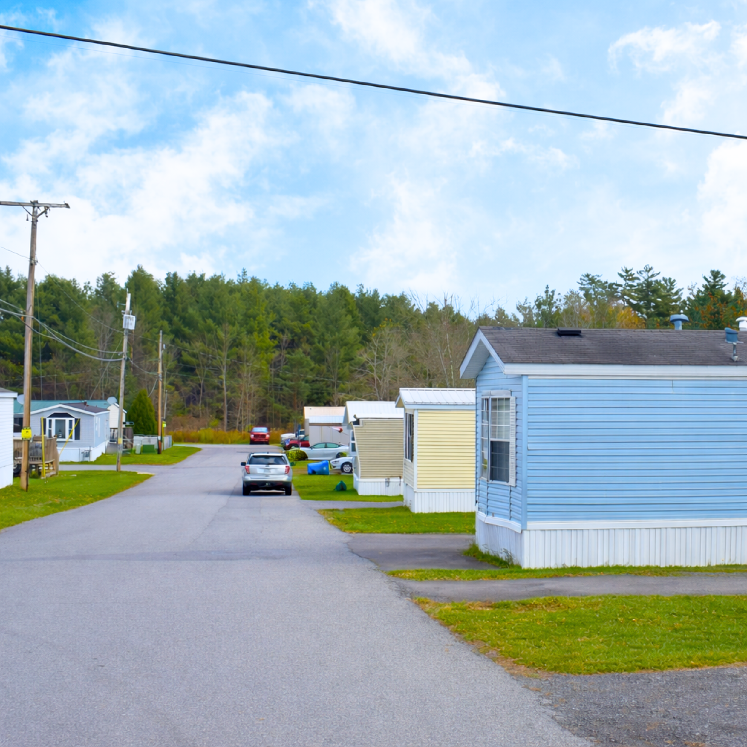 Residential street with colorful mobile homes, parked cars, green lawns, utility poles, and a forested background under a partly cloudy sky.