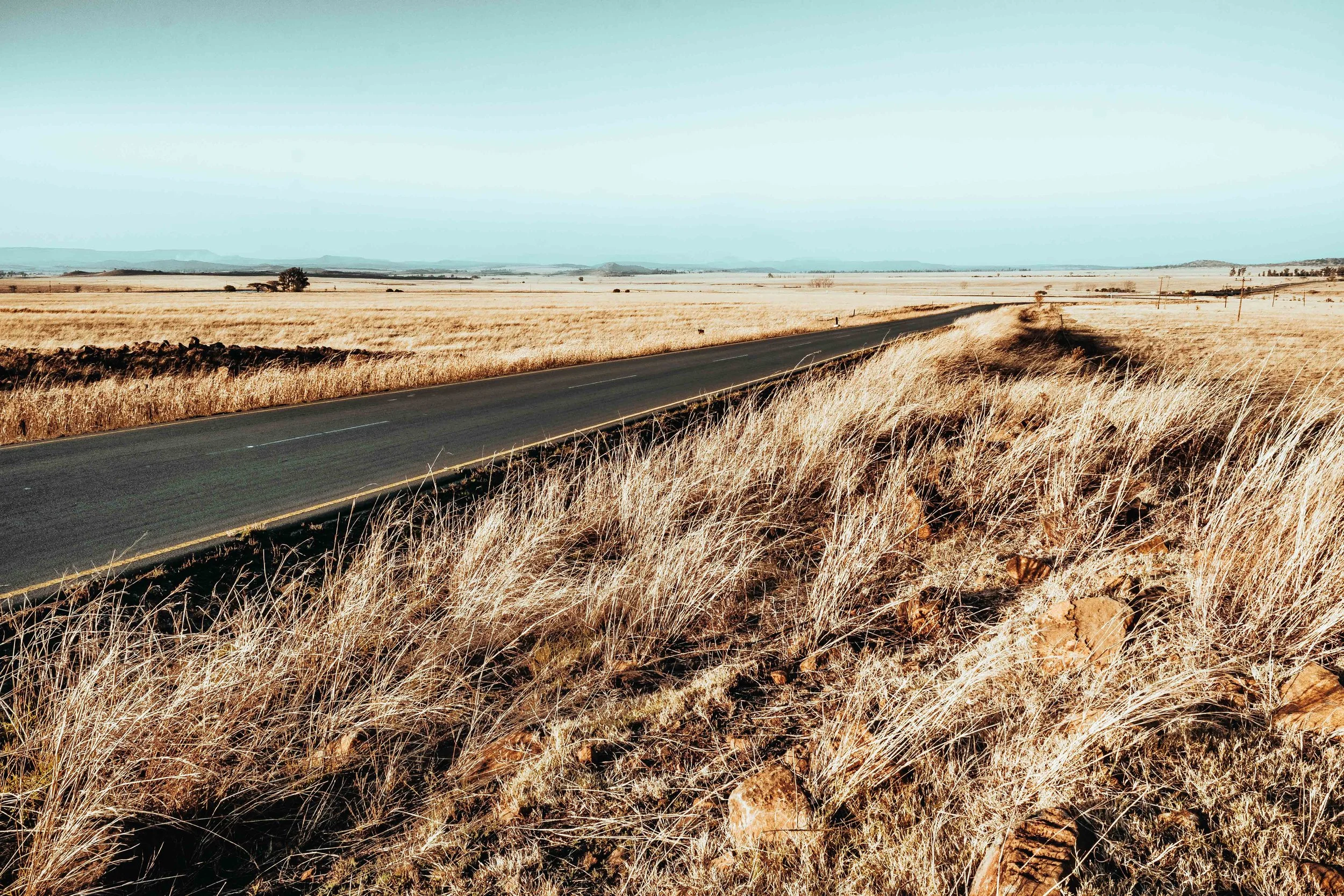 Estrada deserta atravessando uma vasta planície de grama seca sob o céu claro.