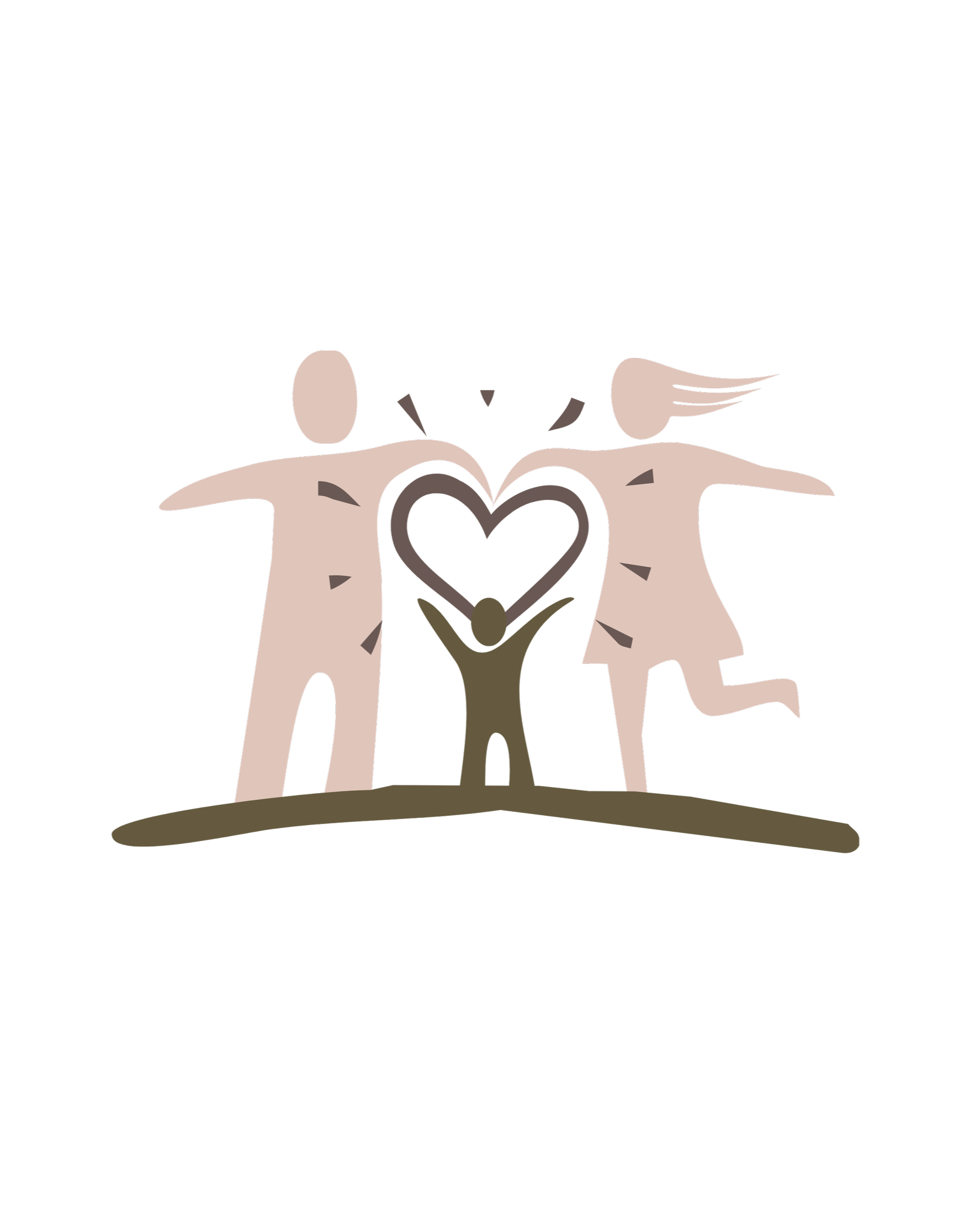 Illustration of three stylized human figures with arms outstretched, forming a heart shape with a smaller figure beneath and rays emanating from the heart, symbolizing love and unity.