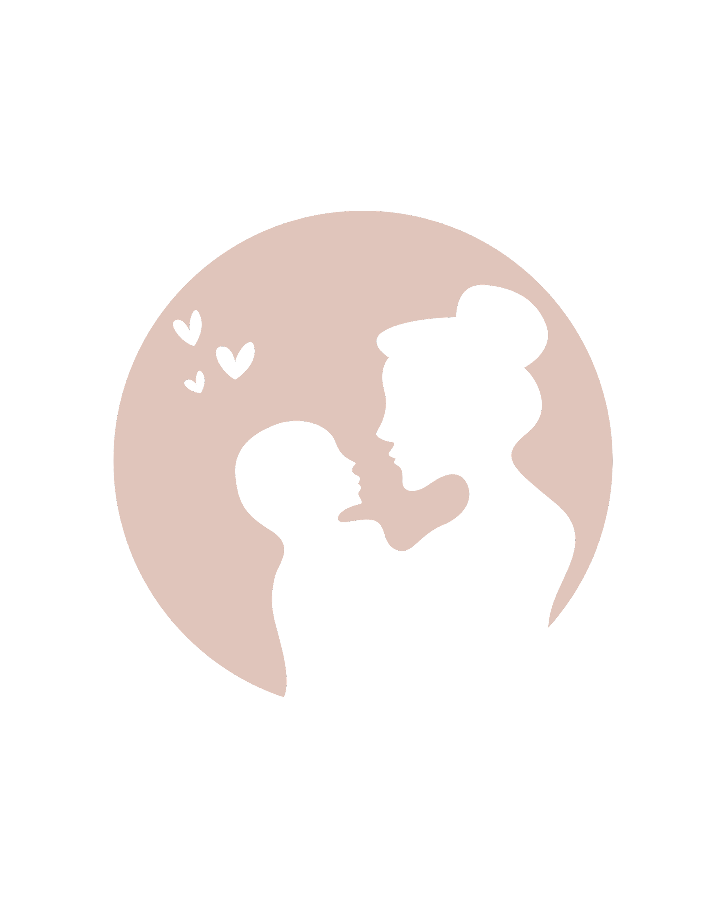 Silhouette of a mother holding her baby in front of a pink circle with small hearts above them