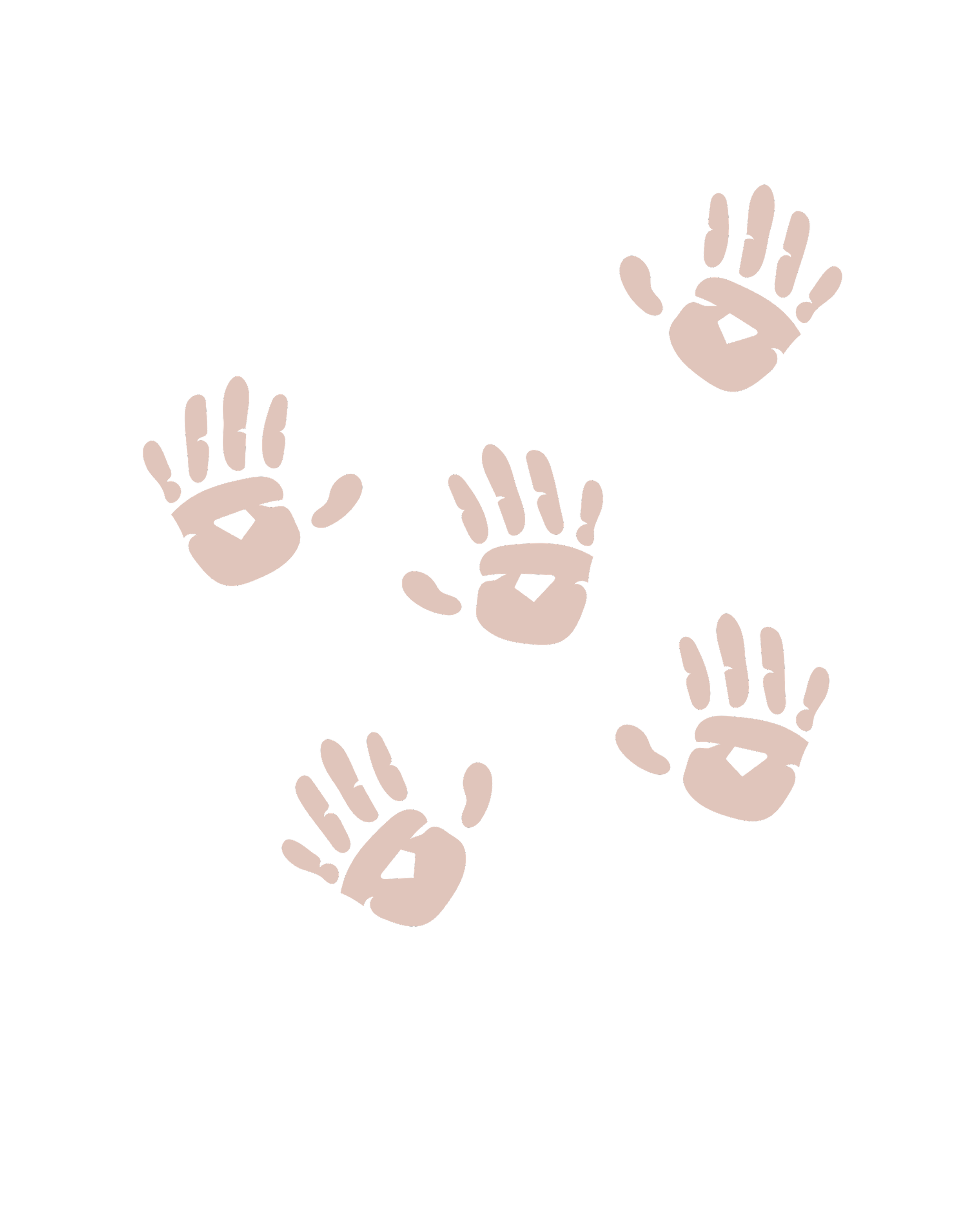 Five illustrated baby handprints with open palms and thumb and finger details, arranged in a scattered pattern on a black background.