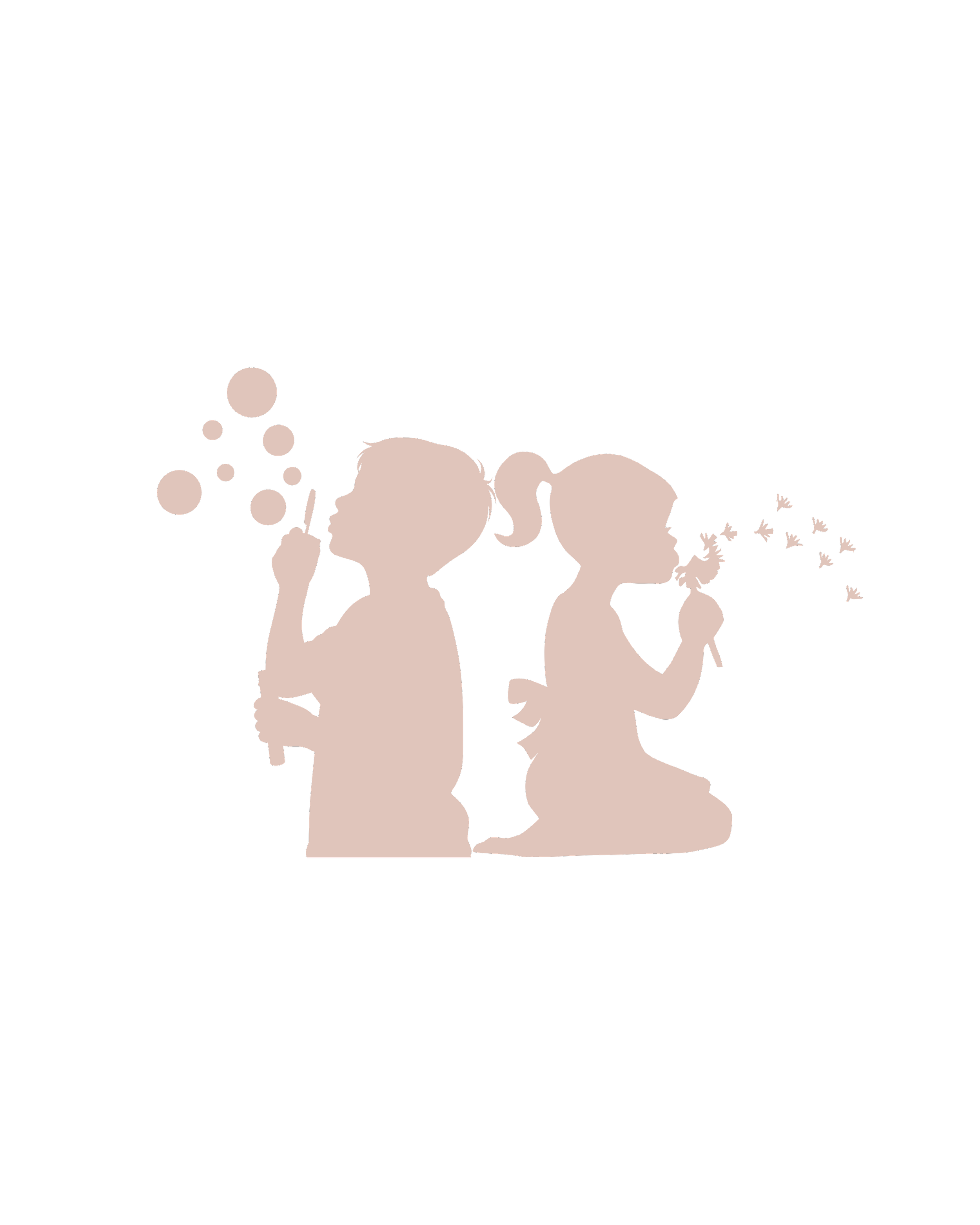 Silhouette of a boy and girl with light-colored bodies on a black background. The boy is blowing bubbles, and the girl is holding a dandelion, with seeds blowing away.