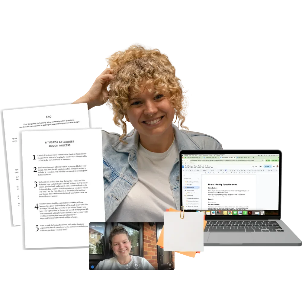 A picture of Laura Hubbard surrounded by materials from her website building course for doulas The Doula Website Circle