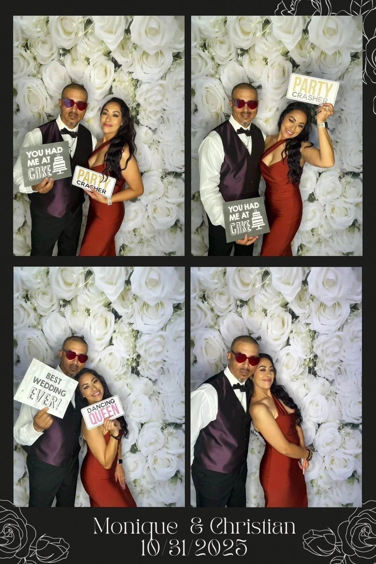 Four photo booth images of a man and a woman in front of a white rose backdrop, dressed for a wedding. The man wears sunglasses and a tuxedo vest, while the woman wears a red satin gown. They hold signs with wedding and party messages.