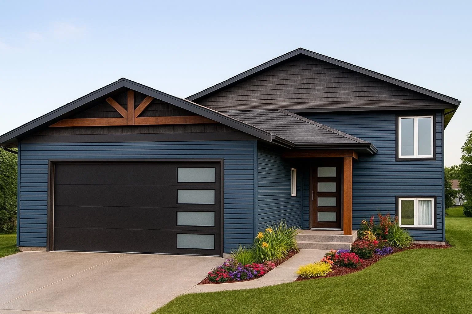 Modern two-story house with blue siding, black garage door with rectangular windows, and a front porch with steps. Well-maintained lawn with colorful flowers and greenery.
