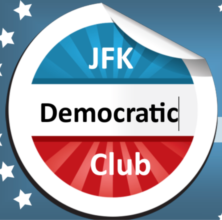 A circular badge with a patriotic color scheme, featuring blue at the top, white in the middle with the word 'Democratic' and red at the bottom, with the words 'JFK Democratic Club.' The background has blue and white stars.