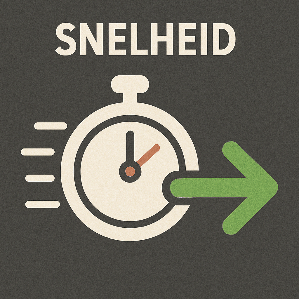 Graphic of a stopwatch with motion lines and a green arrow pointing to the right, the text 'SNELHEID' at the top.