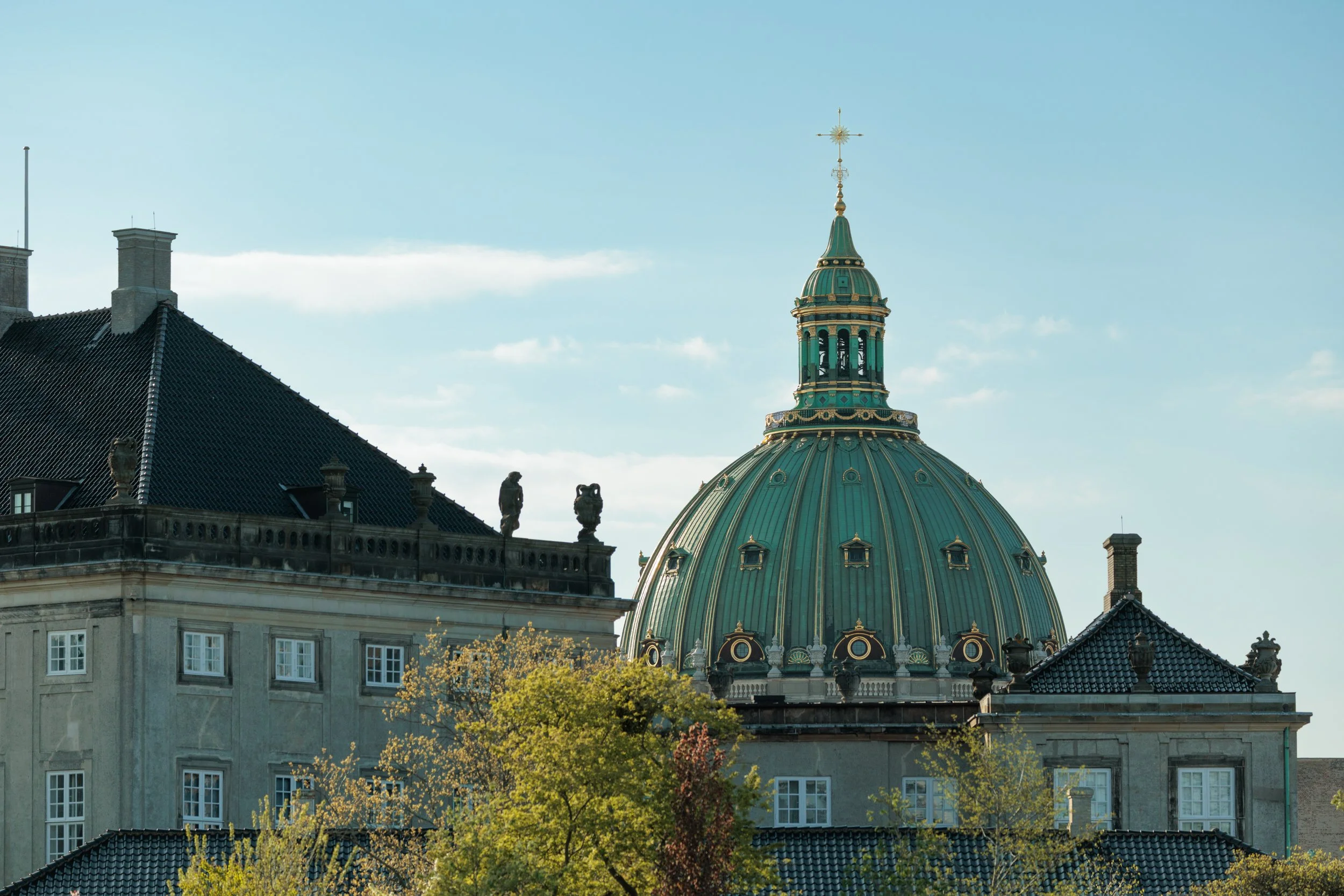 Cityscape with historic building featuring a large green-domed roof topped with a decorative spire, surrounded by other buildings and trees with green leaves.
