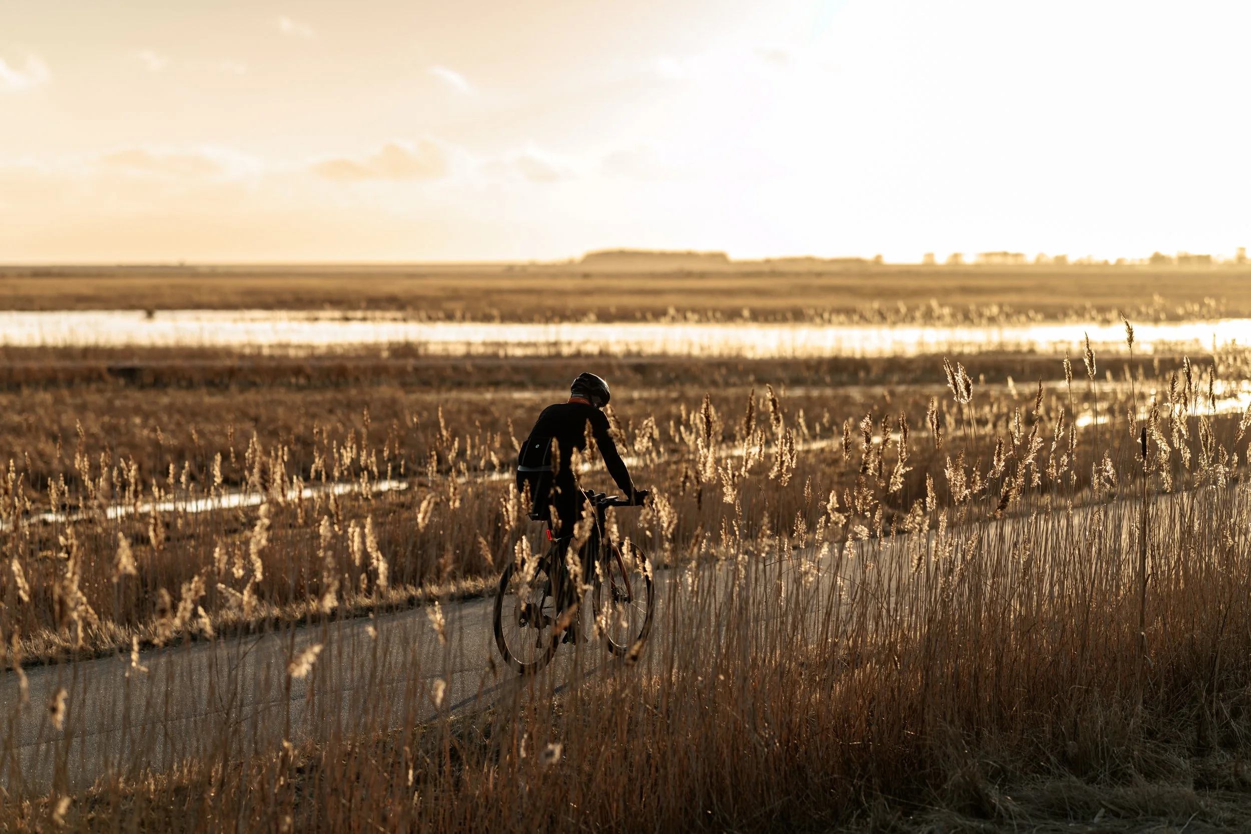 A person wearing a helmet riding a bicycle on a trail through a marshy landscape at sunset with tall grasses and water, and a faint outline of distant land in the background.