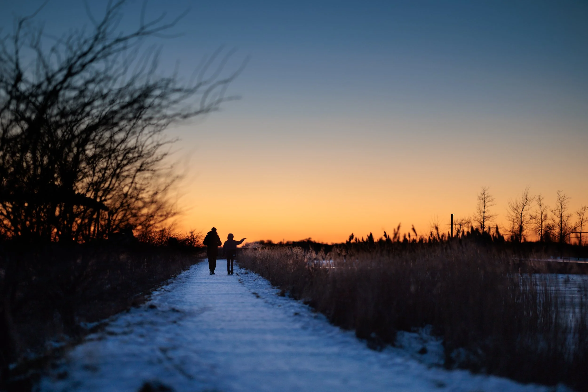 Two people walking along a dirt path at sunset, with trees and open sky in the background.