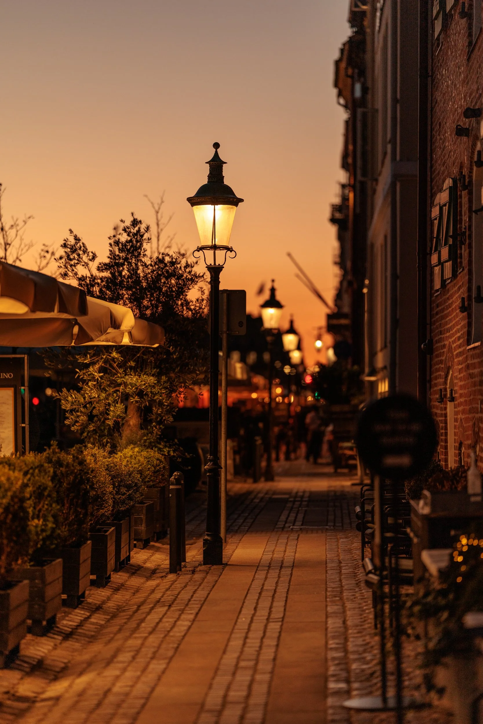 A quiet street at sunset with illuminated vintage street lamps, benches, potted plants, and buildings on the right side, creating a cozy evening atmosphere.
