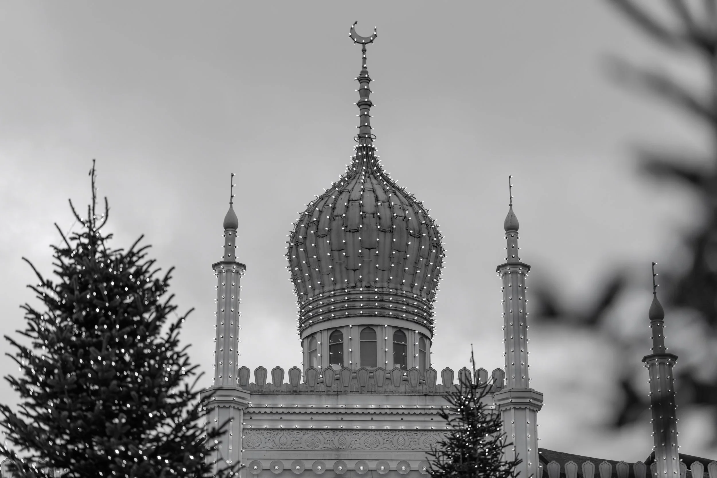 Black and white photo of a decorated castle tower with a pointed roof and a crescent moon ornament on top, partially obscured by tree branches.
